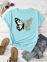 Women'S Casual Butterfly & Daisy Floral Print Round Neck T-Shirt - Olive Green, Machine Washable, Regular Fit For Casual Attire, Allseason Fashion, Relaxed Style, Nontransparent Fabric - Image 5