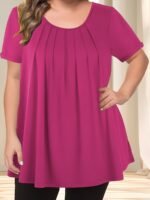 Women'S Casual Crew Neck Short Sleeve Blouse, Solid Color Plus Size, Lightweight Polyester With Subtle Stretch, Flared Hem, Spring/Summer Fashion Top, Casual Wear Blouse | Elegant Plus Size | Simple Eleganc - Image 6