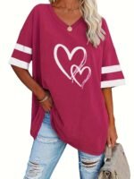 Women'S Casual V-Neck Short Sleeve T-Shirt - Royal Blue With White Heart Print, Breathable Fabric, Machine Washable For Spring Summer Fall, Seasonal Fashion, Striped Detailing, Relaxed Fit Shirt - Image 9