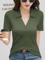 Women'S Elegant Casual T-Shirt, Solid Color Polyester Knit Fabric, 95% Polyester 5% Elastane, V-Neck Lapel Collar, Regular Length, Summer Season, 180G/M? - Festive Collection - Image 2