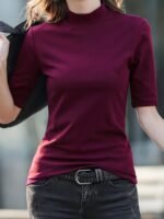 Women'S Chic High Neck Turtleneck T-Shirt - Solid Color, Polyester, Knit Fabric, Regular Sleeve, Spring/Fall Fashion Top - Image 6