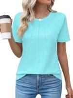 Women'S Casual Summer T-Shirt - Solid Color, Round Neck, Short Sleeve, Comfortable Loose Fit, Dark Blue, Polyester Blend, Machine Washable, Casual Summer Wear | Round Neck Tshirt | Texture - Image 7
