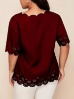Plus Size Elegant V-Neck Blouse With Short Puff Sleeves - Navy Blue, Lace Embroidery Detail, Non-Stretch Fabric, All-Season Shirt For Women, Casual Attire|Vneck Blouse|Lace Embroidery - Image 5