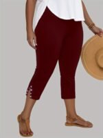 Plus Size, Plus Size High-Waisted Stretchy Rhinestone-Embellished Side Slit Capri Pants - Solid Black Casual Outdoor Leggings For Women, Spring/Summer Fashion, High Waist Pants, Spring Summer Apparel, Nontransparent Fabric, Spring Fashion, Breathable Material, Summer Wardrobe - Image 5
