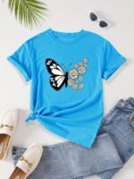 Women'S Casual Butterfly & Daisy Floral Print Round Neck T-Shirt - Olive Green, Machine Washable, Regular Fit For Casual Attire, Allseason Fashion, Relaxed Style, Nontransparent Fabric - Image 4