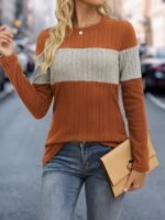 Women'S Elegant Color Block Crew Neck Top, 95% Polyester 5% Elastane Knit Fabric, Regular Length, Solid Pattern, Fall/Winter Fashion, 160G/M? Weight - Image 8