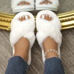 Women'S Plush Faux Fur Cross-Strap Slip-On Slippers - Open-Toe Indoor House Shoes With Eva Sole, All-Season Cozy Warmth & Fluffy White Design For Home Comfort, Cute Slippers - Image 4