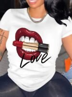Vacation Style 2024 Spring/Summer Lip Graphic Print Women'S Short Sleeve T-Shirt