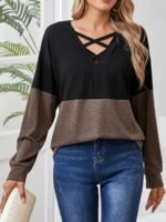 Plus Size, Women'S Casual Long Sleeve T-Shirt - Color-Blocked V-Neck Cross-Strap Design, Black & Olive Green, Machine Washable, Spring Summer Fall Essential, Everyday Outfit, Stylish Pullover, Comfortable Fit, Pullover Top, Casual Attire - Image 3