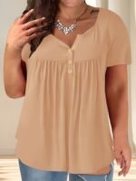 Women'S Plus Size Casual Buttoned Pleated T-Shirt, Summer Knit Fabric Top, Crew Neck, Solid Color, Slight Stretch, Oversized Pullovers, Polyester 95% Spandex 5% - Navy Blue - Image 8