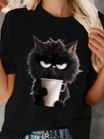 Women'S Casual Sporty T-Shirt, Black Cat Print, Comfort Fit Short Sleeve Tee, Fashion Breathable Casual Top - Image 2