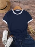 Contrast Trim Short Sleeve T-Shirt, Casual Crew Neck Top For Spring & Summer, Women'S Clothing - Image 4