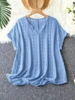 Plus Size - Women'S Elegant V-Neck Bat Sleeve T-Shirt - Slim Fit, Short Sleeve, Black Top With Ruffled Hem, Perfect For Casual Or Chic Outfits, Versatile Clothing | Ruffled Hem Top | Construction, Ladies T Shirts - Image 4