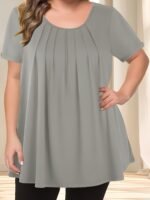 Women'S Casual Crew Neck Short Sleeve Blouse, Solid Color Plus Size, Lightweight Polyester With Subtle Stretch, Flared Hem, Spring/Summer Fashion Top, Casual Wear Blouse | Elegant Plus Size | Simple Eleganc - Image 2
