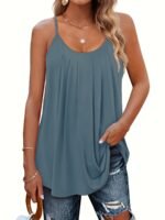 Plus Size, Women'S Casual Loose Fit Ruched Sleeve Round Neck Tank Top - Beige Breathable Stretchy Blouse For Spring/Autumn, Machine Washable - Image 4