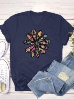 Women'S Casual Short Sleeve T-Shirt - Vibrant Orange Geometric Floral Print, Relaxed Fit Round Neck, Machine Washable Summer Top, Soft Texture Shirt - Image 5