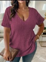 Plus Size V-Neck Casual Elegant Women'S Top - Stretchy Fabric, Machine Washable, All-Season Versatile Blouse For Everyday & Formal Wear, Ribbed Texture, Medium Elasticity - Image 3