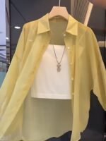 Solid Color Loose Button Front Shirt, Casual See Through Long Sleeve Thin Shirt For Spring & Fall, Women'S Clothing - Image 3