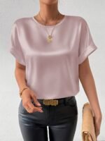 Women'S Batwing Short Sleeve Round Neck Blouse - Elegant Solid Color Non-See-Through Shirt, Machine Washable Lightweight Top For Spring Summer Fall, Versatile Casual & Formal Wear, Seasonal Fashion, Sophisticated Casual, Nonseethrough Fabric