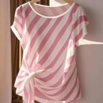 Women'S Elegant French-Inspired Sleeveless Blouse With Bow Detail & Striped Pattern - Semi-Sheer Round Neck Shirt For Spring Summer Fall, Machine Washable Casual To Dressy Tops, Seasonal Fashion, Frenchinspired Design, Decorative Bow Design