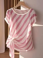 Women'S Elegant French-Inspired Sleeveless Blouse With Bow Detail & Striped Pattern - Semi-Sheer Round Neck Shirt For Spring Summer Fall, Machine Washable Casual To Dressy Tops, Seasonal Fashion, Frenchinspired Design, Decorative Bow Design