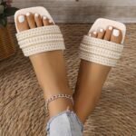 Elegant Women'S Summer Flat Slide Sandals - Chic Square Toe With Pearl & Rhinestone Embellishments, Casual Slip-On Design, Faux Cover Upper & Rubber Sole, Ladies Sandals - Image 4