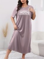 Women'S Plus Casual Lounge Dress, Plus Size Slogan Print Short Sleeve Round Neck Sleep Dress - Image 5