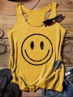 Smile Print Crew Neck Tank Top, Casual Sleeveless Tank Top For Summer, Women'S Clothing - Image 2