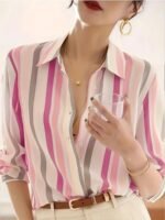 Women'S Casual Striped Print Button- Shirt, Polyester 100% Woven Fabric, Lapel Collar, Long Sleeve, Spring/Summer/Fall Apparel, 110G/M? Weight - Image 10