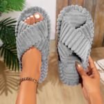 1 Pair Women'S Minimalist Striped Slippers - Comfortable Warm Soft Plush Open-Toe Slip-On House Shoes With Eva Sole, All-Season Indoor Footwear - Image 6