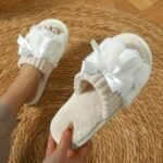 Women'S Plush Fleece Slip-On Slippers With Bow Detail - All-Season Indoor House Shoes, Soft Eva Sole For Comfort & Quiet, Cozy Home Slippers In Black/White/Green/Beige/Pink/Grey, Cute Slippers - Image 9