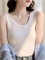 1Pc Women'S Casual Ribbed Tank Top, Solid Color Knit Vest With Side Stripe Detail, Low Neck Polyester Camisole For All Seasons, Versatile Layering Piece - Image 8