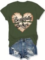 Women'S "Beautifully Broken" Heart Print Casual T-Shirt - Vibrant Orange Short Sleeve Round Neck Summer Top, Machine Washable & Affordable, Ladies T Shirts, Everyday Fashion, Relaxed Fit Tee, Allseason Wear - Image 7
