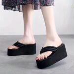Women'S Fashion Platform Flip-Flops, Solid Color Fabric Upper With Eva Sole And Insole, Slip-On High Heel Wedge Sandals For Summer Beach, Ladies Sandals - Image 3