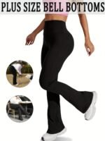 Plus Size Sports Pants, Women'S Plus Solid Wide Waistband High Rise Flared Leg High Stretch Yoga Trousers Suitable Spring/Autumn - Image 10