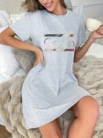 Women'S Casual Caivin Letter & Geometric Print Midi T-Shirt Dress - Slim Fit Round Neck Short Sleeve, Lightweight Breathable Fabric, Machine Washable For Spring Summer, Casual Attire, Comfortable Daily Wear - Image 2