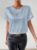 Women'S Plus Size Light Blue Woven Blouse - Elegant Short Sleeve Crew Neck, Solid Color, Non-Stretch Fabric, Perfect For Summer, Casual Summer Wear|Sleek Fitted Look|Nonstretch Material, Plus Size Blouses - Image 2
