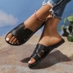Women'S Summer Fashion Slip-On Flat Monogram Sandals, Solid Color Minimalist Open Toe Slides, All-Season Comfort, Man-Made Upper/Inner/Rubber Sole, Casual Outdoor Footwear - Image 25