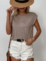 Solid Color Cap Sleeve T-Shirt, Casual Crew Neck Top For Spring & Summer, Women'S Clothing - Image 7