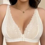 Women'S Plus Size Lace Front Closure Bra, Sexy Deep V-Neck Solid Color With Wide Straps, Comfortable Breathable Polyester Knit Fabric Bra With Contrast Lace Detail, No Padding - Medium Stretch