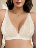 Women'S Plus Size Lace Front Closure Bra, Sexy Deep V-Neck Solid Color With Wide Straps, Comfortable Breathable Polyester Knit Fabric Bra With Contrast Lace Detail, No Padding - Medium Stretch