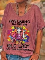 Women'S Casual Loose Fit V-Neck Short Sleeve T-Shirt - Vibrant Green Print With "Assuming I'M Just An Old Lady" Slogan & Floral Fashion Glasses Design, Medium Stretch Machine Washable Top For Spring Summer Fall, Ladies T Shirts, Relaxed Weekend Outfit, Playful Statement Shirt, Comfortable Stretch Fabric, Fun Statement Wear - Image 4