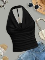 Women'S Sexy Halter Neck Sleeveless Top - Semi-Sheer Stretchy Slim Fit Backless Shirt, Vibrant Yellow Solid Color, Machine Washable For Casual & Evening Outfits, Evening Wear, Backless Design, Sensual Apparel, Semitransparent Material - Image 7