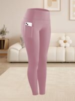 Women'S Plus Size High Waist Tummy Control Leggings With Side Pockets, 88% Polyester 12% Elastane, Knit Fabric, Stretchy Cropped Yoga Pants For Running & Fitness, All Season Solid Color Athletic Skinny Pants - Image 3