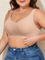 Single Pack Plus Size Seamless V-Neck Bralette, Sexy Style, Polyamide Knit Fabric With Medium Stretch, Solid Color, Wireless, Comfortable Breathable, With Removable Padding - Image 10