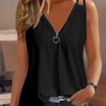 Solid Color Eyelet Zipper Top, Versatile Sleeveless Double Strap Top For Spring & Summer, Women'S Clothing
