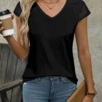 Solid Contrast Lave V-Neck T-Shirt, Elegant Short Sleeve Top For Summer & Spring, Women'S Clothing