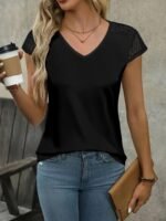 Solid Contrast Lave V-Neck T-Shirt, Elegant Short Sleeve Top For Summer & Spring, Women'S Clothing
