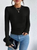 Women'S Elegant Ribbed Pullover Sweater - Solid Color Round Neck Long Sleeve, Medium Stretch Machine Washable Fall Winter Tops For Casual & Formal Wear, Sweater, Everyday Comfort Wear, Textured Fabric - Image 8