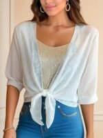 Solid Color Tie Front Crop Blouse, Versatile Half Sleeve Blouse For Spring & Summer, Women'S Clothing - Image 8